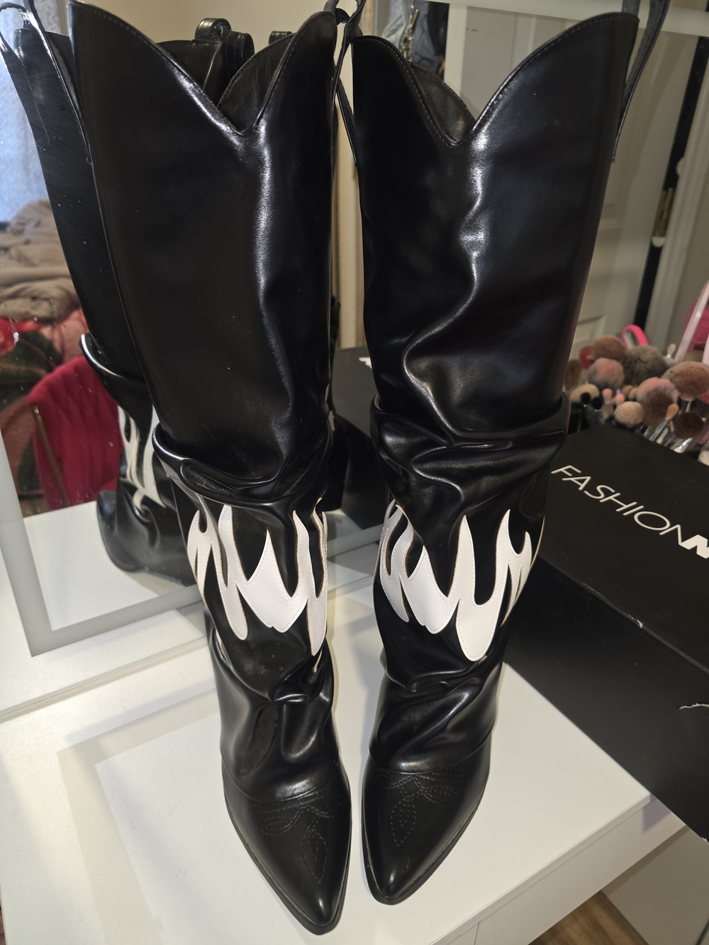Black Western-Style Mid-Calf Boots with White Flame Detail